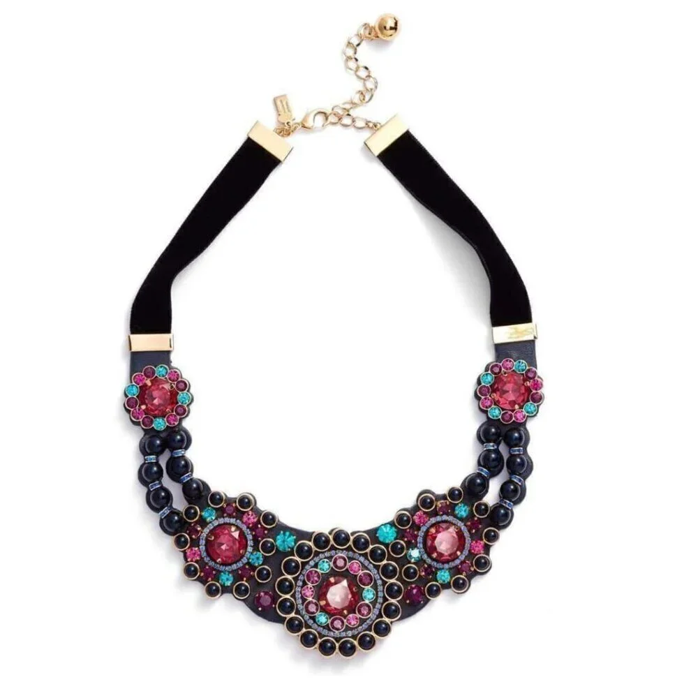 Kate Spade Statement Necklace Leather Crystal Pearl Beads Victorian Box
